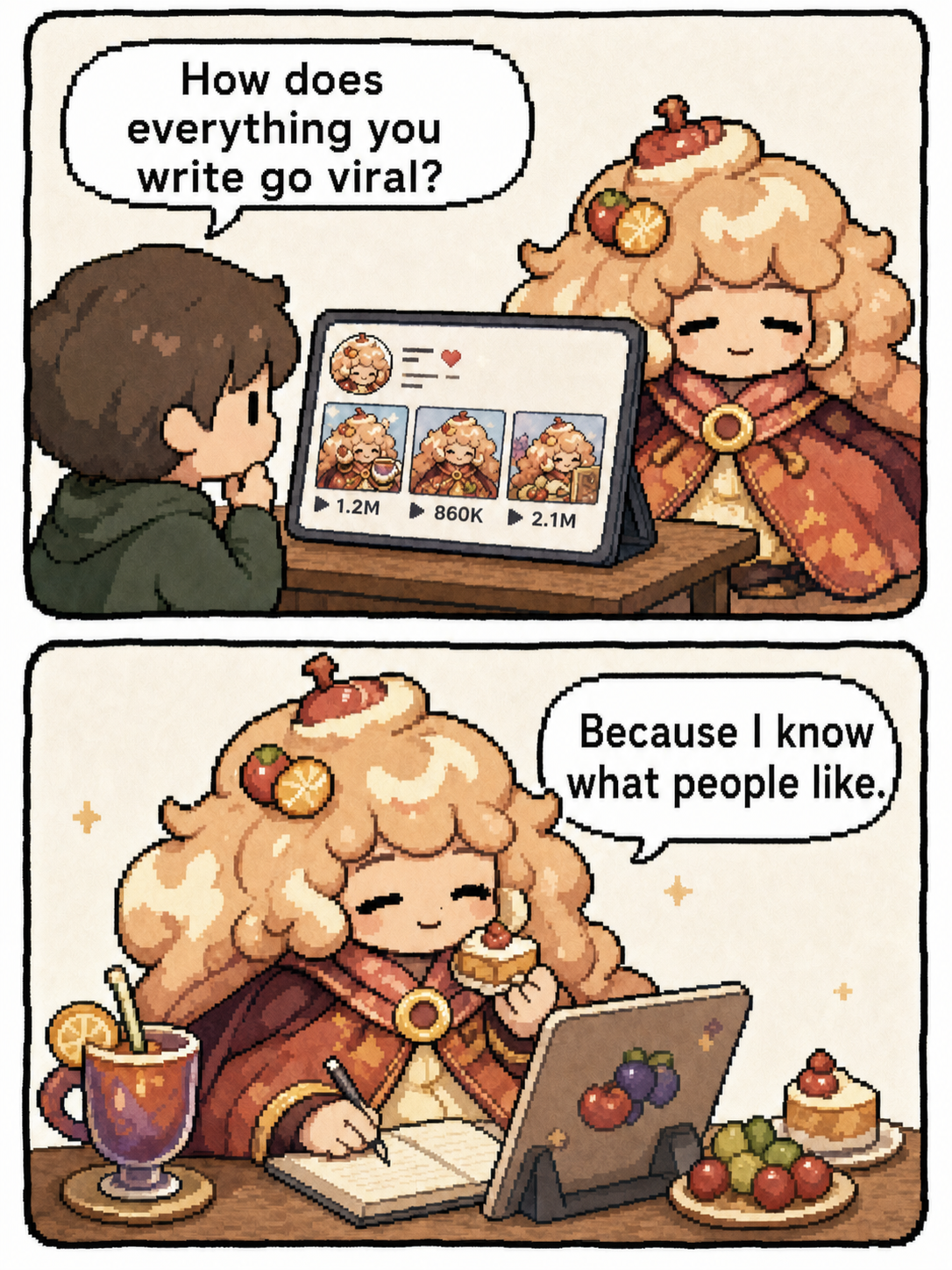 A two-panel retro pixel comic. A friend looks at The Empath's account showing three viral posts and asks how everything she writes goes viral. The Empath eats cake while writing and replies that she knows what people like.