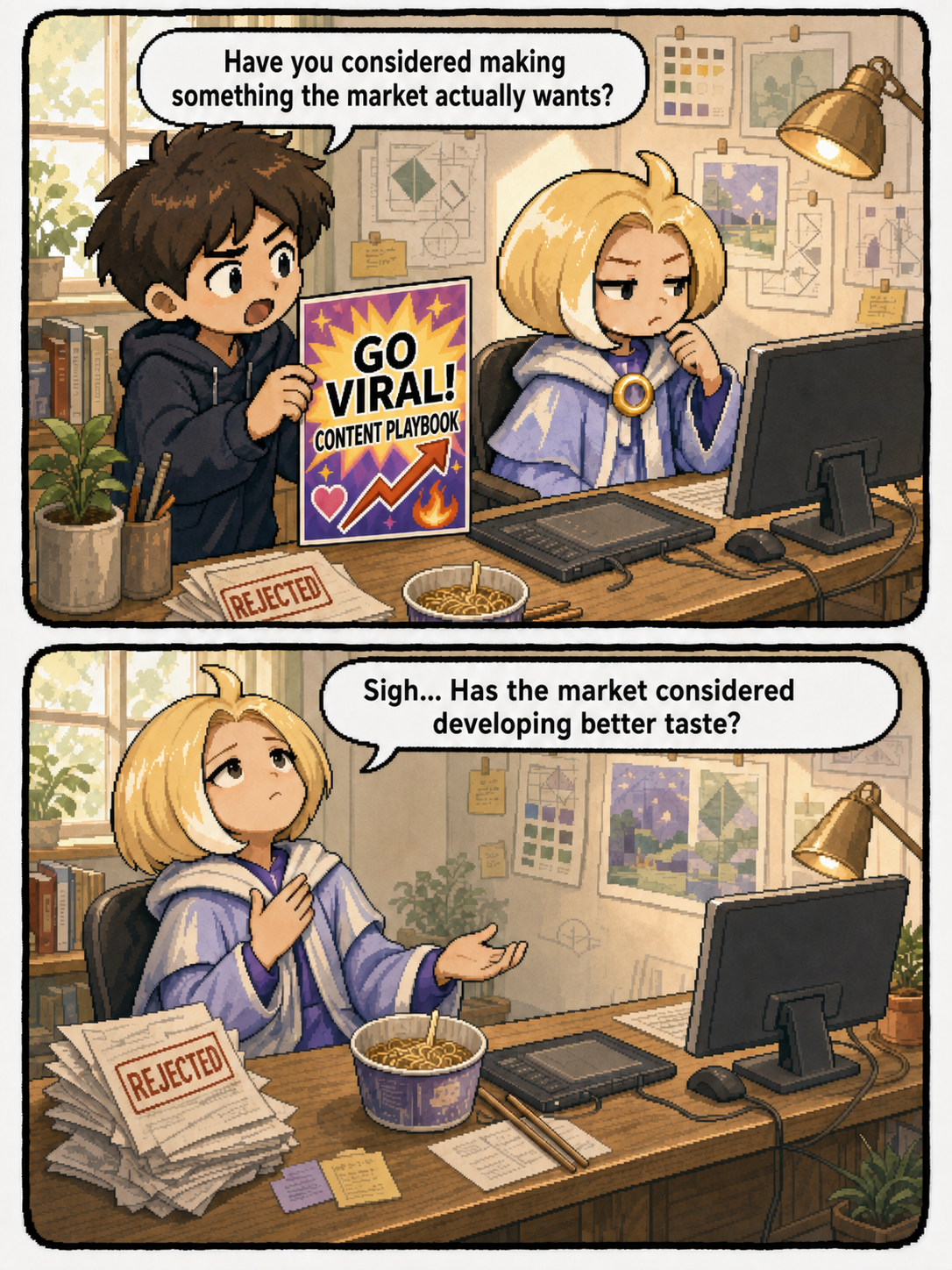 A two-panel pixel comic with equal-height panels. In the first, The Purist stands in a cozy studio and dismisses the idea of chasing what the market likes. In the second, he looks slightly upward with a restrained, mournful expression, as if his taste is above compromise.