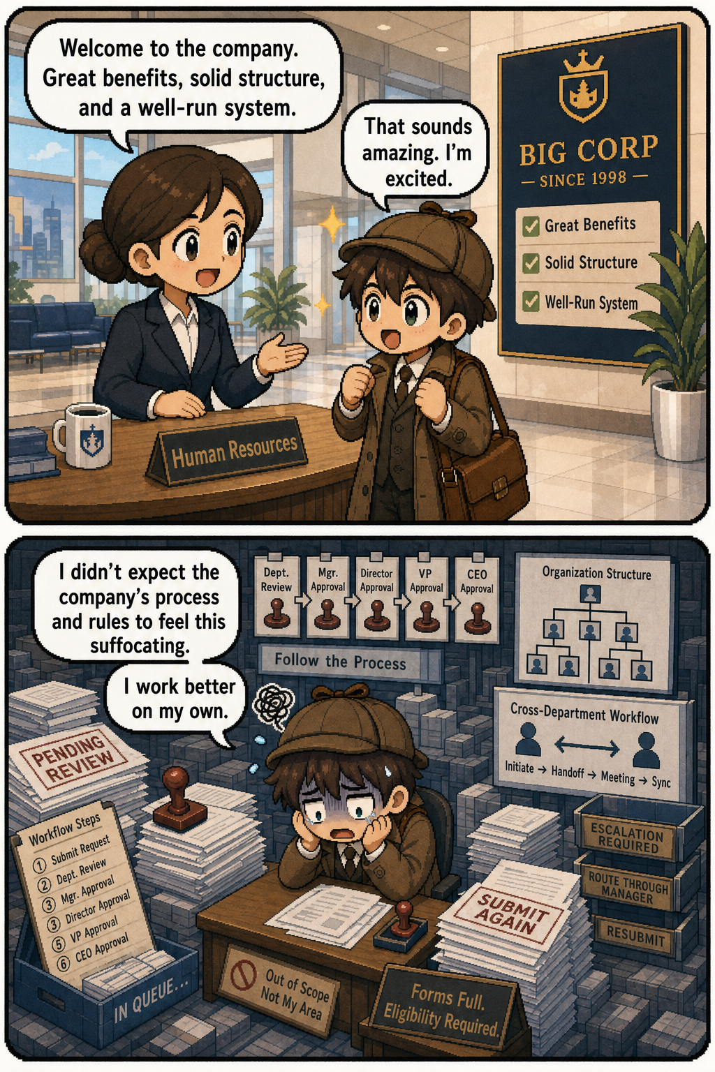 A two-panel pixel comic with equal-height panels. In the first, The Problem Solver is excited to join a company that seems stable and well organized. In the second, he is overwhelmed by approvals, procedures, and hierarchy, and realizes he works better on his own.